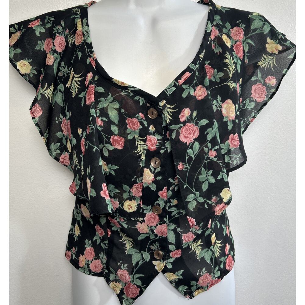 VTG Bonjour Cropped Blouse Top M Sleeveless Floral Cottage Prairie Retro 90’s